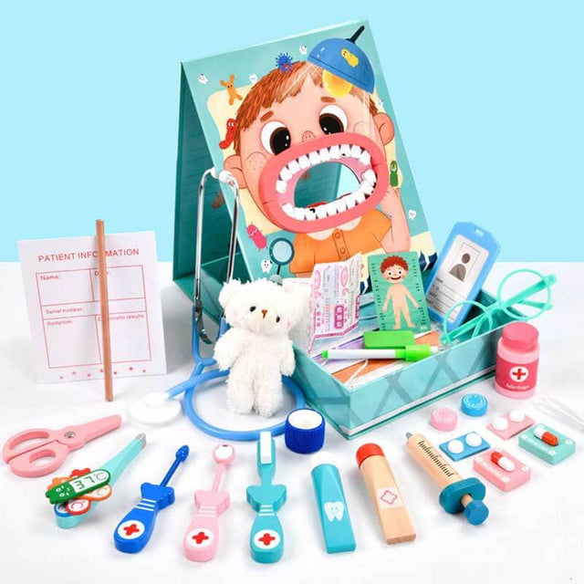 Wooden Simulation Dentist Set, Kids Doctor Kit, 18 PCS Kids Doctor Playset, Wooden Dentist Kit for Kids, Pretend Play for Toddlers 3-5 | Shinymarch