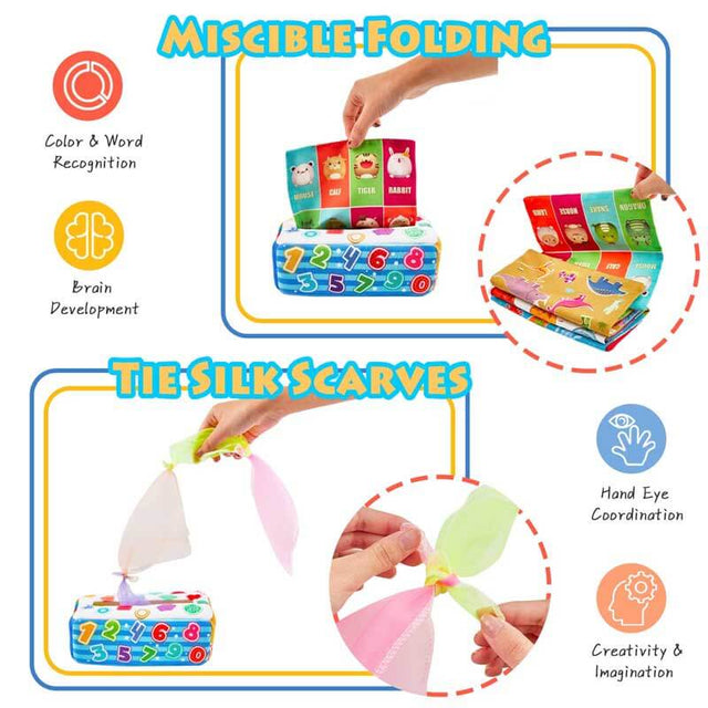 Baby Tissue Box Toys, Montessori Toy for Babies 6-12 Months Sensory Toys Magic Tissue Box with Crinkle Scarves Educational High Contrast Toys for Kids Toddlers Early Learning Gift | Shinymarch