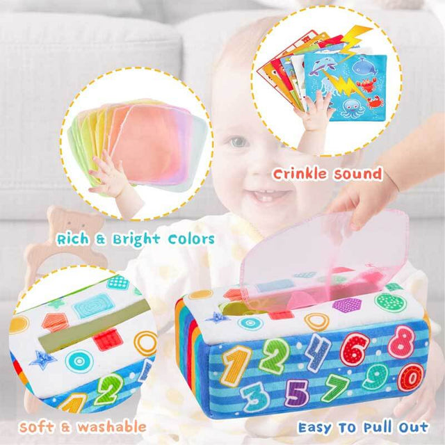 Baby Tissue Box Toys, Montessori Toy for Babies 6-12 Months Sensory Toys Magic Tissue Box with Crinkle Scarves Educational High Contrast Toys for Kids Toddlers Early Learning Gift | Shinymarch