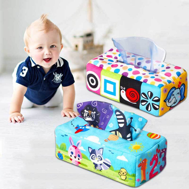 Baby Tissue Box Toys, Montessori Toy for Babies 6-12 Months Sensory Toys Magic Tissue Box with Crinkle Scarves Educational High Contrast Toys for Kids Toddlers Early Learning Gift | Shinymarch