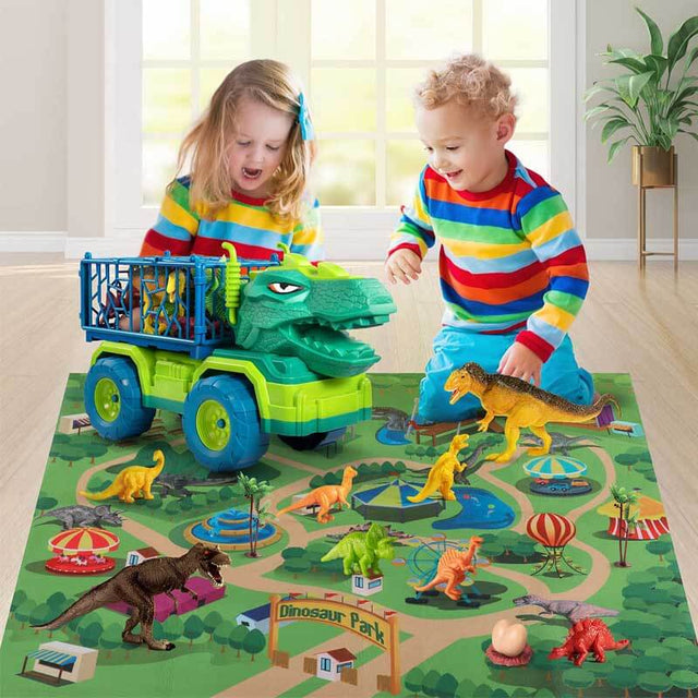 Dinosaur Toys for Toddlers Kids 3-5, Triceratops Transport Car Carrier Truck with 8 Dino Figures, Play Mat, Dino Eggs and Trees, Capture Jurassic Dinosaurs Play Set for Boys and Girls | Shinymarch