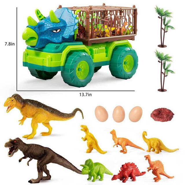 Dinosaur Toys for Toddlers Kids 3-5, Triceratops Transport Car Carrier Truck with 8 Dino Figures, Play Mat, Dino Eggs and Trees, Capture Jurassic Dinosaurs Play Set for Boys and Girls | Shinymarch