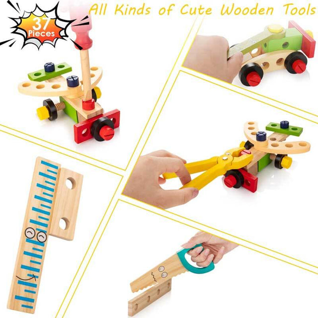 Tool Kit for Kids, 37 pcs Wooden Toddler Tools Set Includes Tool Box & Stickers, Montessori Educational STEM Construction Toys for 3 4 5 6 7 Years Old Boys Girls, Best Birthday Gift for Kids | Shinymarch