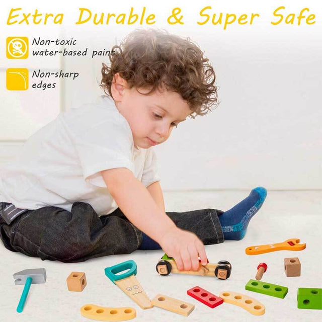Tool Kit for Kids, 37 pcs Wooden Toddler Tools Set Includes Tool Box & Stickers, Montessori Educational STEM Construction Toys for 3 4 5 6 7 Years Old Boys Girls, Best Birthday Gift for Kids | Shinymarch