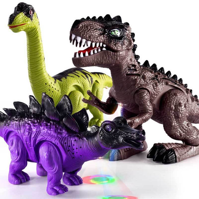 3 Pack Electric Walking Dinosaur Toys for Toddlers 2-4 3-5 Years with Roar Sounds and Lights Up, Realistic Robot T-Rex, Brachiosaurus, Stegosaurus Dinosaur Figures for Kids | Shinymarch