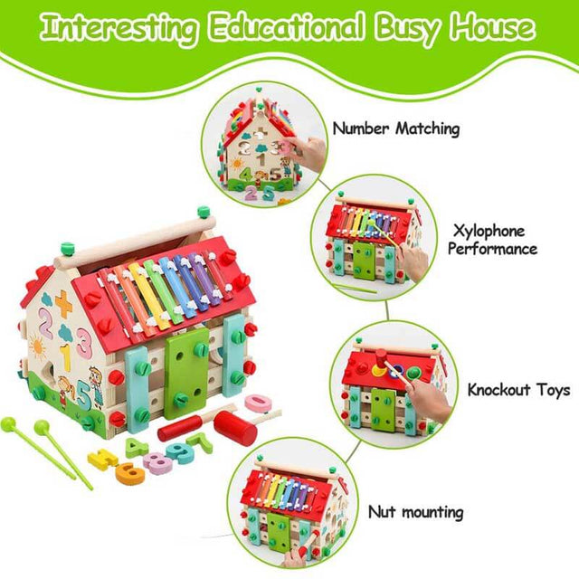 Montessori Busy House Toy, 6 in 1 Wooden Activity Cube for Toddlers 1-3 with Xylophone Digital Screws, Sensory Toys for Toddler, Fine Motor Skills, Birthday Gift for Toddler | Shinymarch