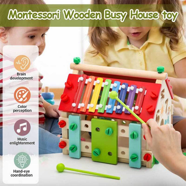 Montessori Busy House Toy, 6 in 1 Wooden Activity Cube for Toddlers 1-3 with Xylophone Digital Screws, Sensory Toys for Toddler, Fine Motor Skills, Birthday Gift for Toddler | Shinymarch