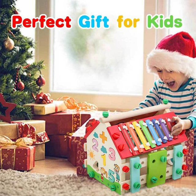 Montessori Busy House Toy, 6 in 1 Wooden Activity Cube for Toddlers 1-3 with Xylophone Digital Screws, Sensory Toys for Toddler, Fine Motor Skills, Birthday Gift for Toddler | Shinymarch