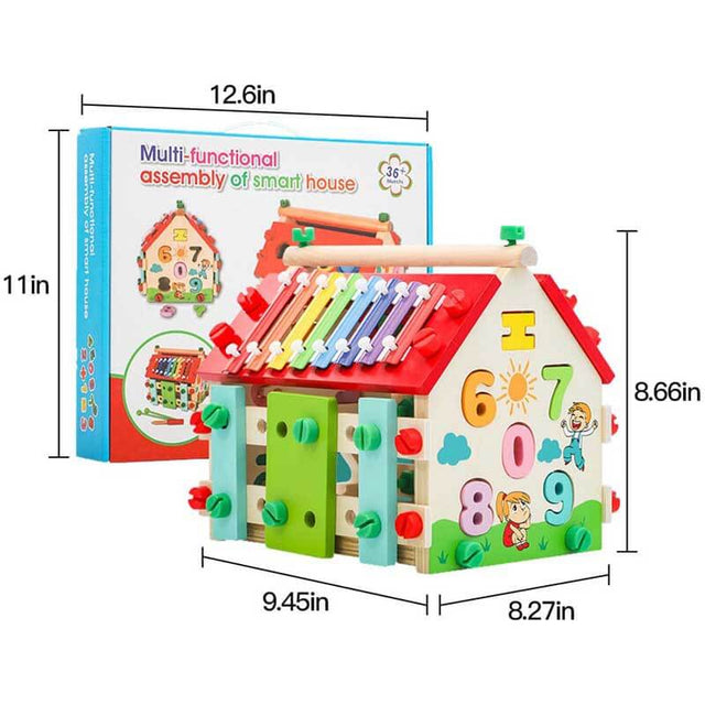 Montessori Busy House Toy, 6 in 1 Wooden Activity Cube for Toddlers 1-3 with Xylophone Digital Screws, Sensory Toys for Toddler, Fine Motor Skills, Birthday Gift for Toddler | Shinymarch