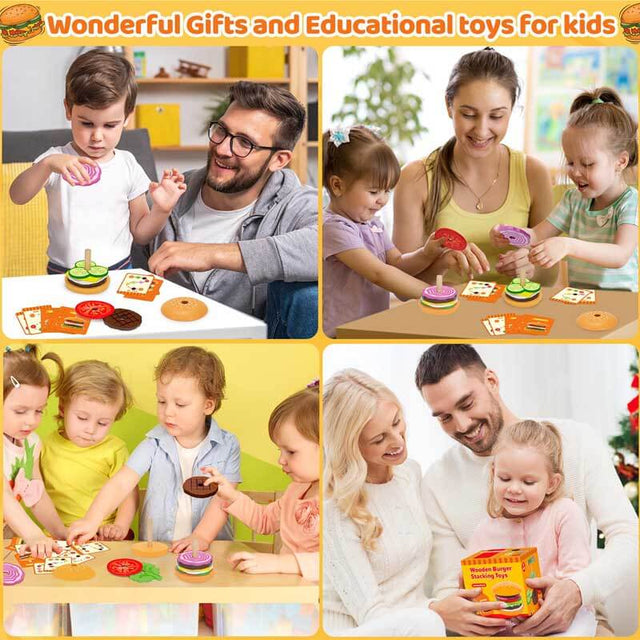 Montessori Toys for 2, 3, 4, 5, Year Old, Wooden Burger Stacking Toys, Fine Motor Toys for Kids Boys Girls, Ideal Preschool Educational and Learning Toys, Perfect Christmas Birthday Gifts | Shinymarch