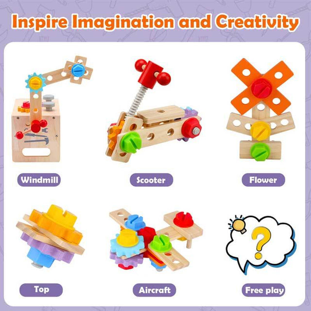 Wooden Toddler Tool Set, Toy Tools for Toddlers 2 3 4 Year Old and Montessori Educational STEM Toys, 29 Pcs Pretend Construction Toys Birthday Gifts for Boys & Girls | Shinymarch
