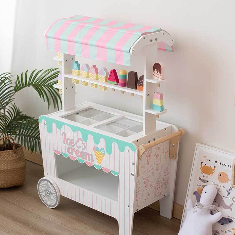 Wooden Ice Cream Cart for Kids, Pretend Play Food Trunk Toy Display