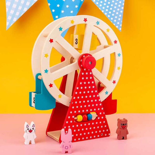 Ferris Wheel Carnival Wooden Toy, 2 Animal Characters Included – Pre-Assembled Wooden Ferris Wheel Toy with Sturdy Wood Construction, Non-Toxic and Safe for Kids, Ideal for Ages 3+ | Shinymarch