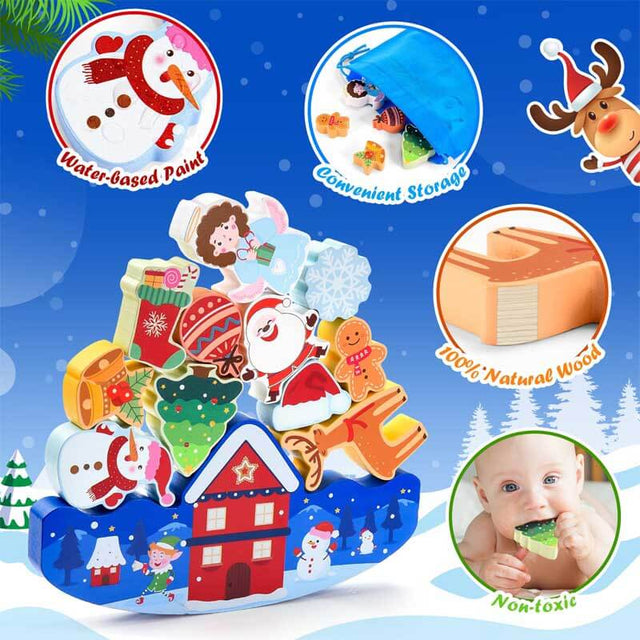 Christmas Stacking Toys for Kids 3-10 Kids Wooden Blocks Toy Christmas Birthday Gifts for 4 5 6 7 8 9 10 Year Old Boys Girls Toy Balance Competition Game for Kid Ages 5-7 Stocking Stuffers | Shinymarch