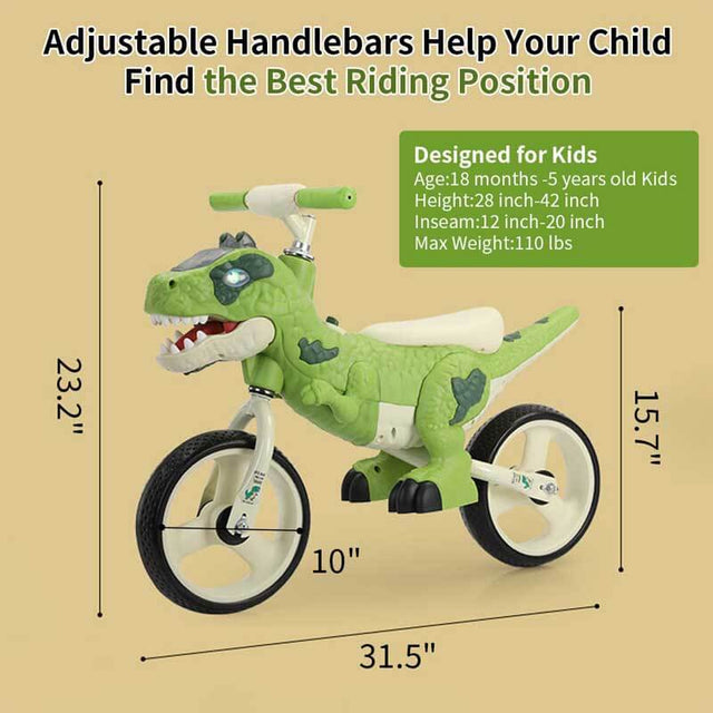 Dinosaur-Themed Toddler Balance Bike Toys for 2-5 Year Old Girls & Boys - Music & Lighting Effects, No-Pedal Training Bike, Best Gifts for Kids with Carbon Steel Frame & Adjustable Handlebar | Shinymarch