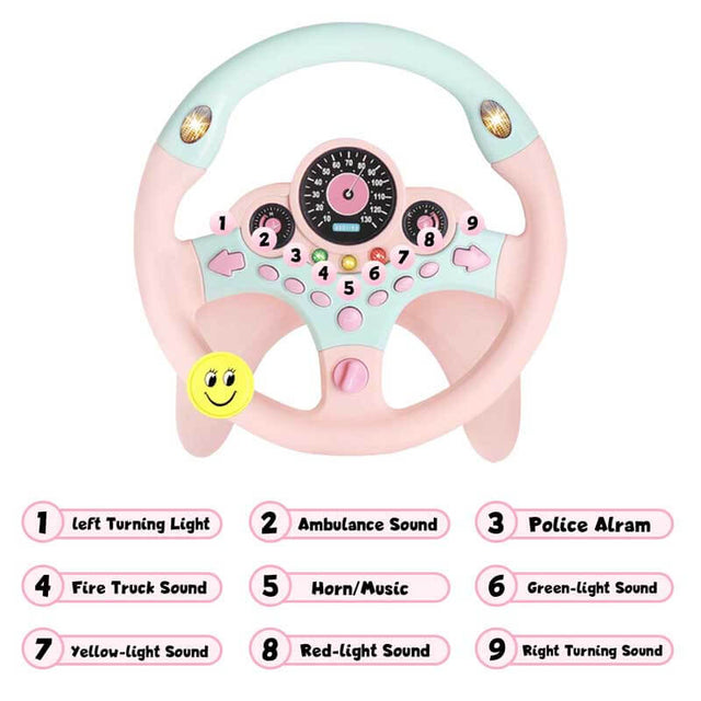 Kids Steering Wheel for Car, Driving Simulated Toy Steering Wheel for Kids with Light and Music, Electric Early Learning Educational Baby Steering Wheel Toy for Kids (Pink) | Shinymarch