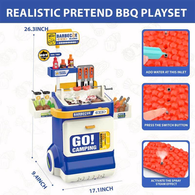61PCS Kitchen Toys Playset,Kids Barbecue Grill Toy Set with Smoke, Sound& Light, Pretend Play Food BBQ Drill Cooking Game Toys,Indoor&Outdoor Play Grill Cart Toy Gift for Kids Boys Girls | Shinymarch