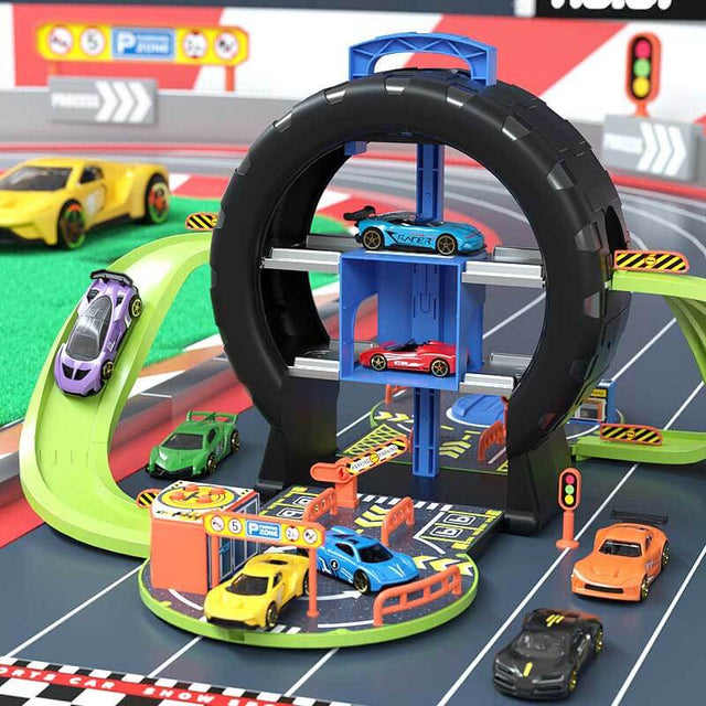 Transforming Race Car Parking Garage Toy Set with Ramp, Elevator, Alloy Cars - 3-Level Toy Parking Garage for Kids, Portable Storage & Interactive Play for Ages 3+ | Shinymarch