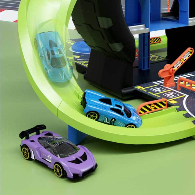 Transforming Race Car Parking Garage Toy Set with Ramp, Elevator, Alloy Cars - 3-Level Toy Parking Garage for Kids, Portable Storage & Interactive Play for Ages 3+ | Shinymarch