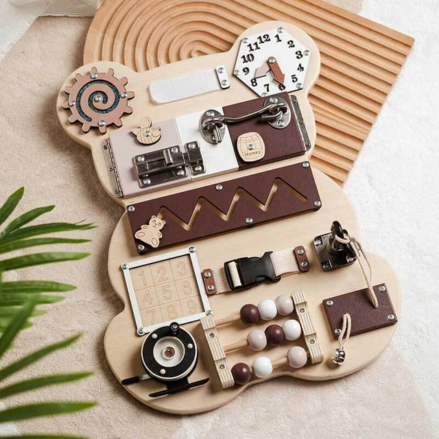 Premium Wooden Bear Busy Board for Toddlers - Educational Toy with 12 Activities | Shinymarch