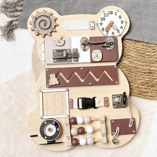 Premium Wooden Bear Busy Board for Toddlers - Educational Toy with 12 Activities | Shinymarch