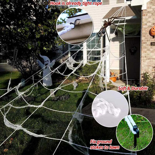 200" Halloween Spider Web + 59" Giant Spider Decorations Fake Spider with Triangular Huge Spider Web for Indoor Outdoor Halloween Decorations Yard Home Costumes Parties Haunted House Décor | Shinymarch