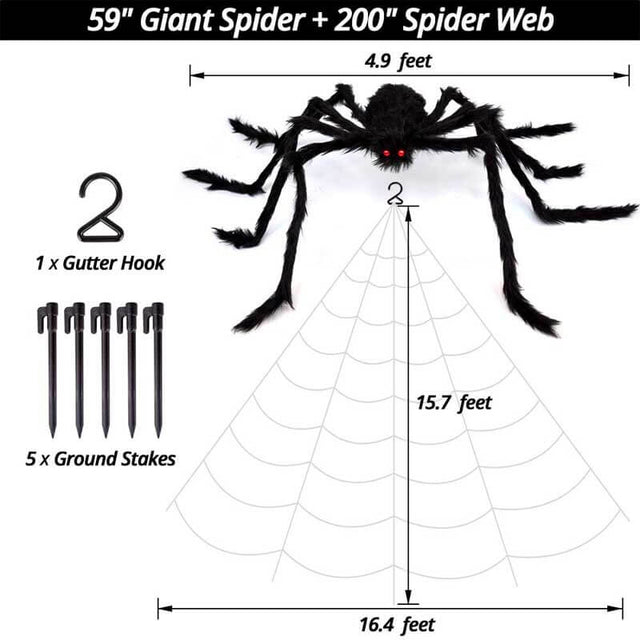 200" Halloween Spider Web + 59" Giant Spider Decorations Fake Spider with Triangular Huge Spider Web for Indoor Outdoor Halloween Decorations Yard Home Costumes Parties Haunted House Décor | Shinymarch