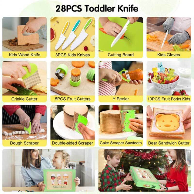 28PCS Toddler Knife Set - Kids Knifes for Real Cooking, Montessori Kids Kitchen Knife Set with Cutting Board Crinkle Cutters Kid Safe Knives, Toddlers Kitchen Tools for Age 2-10 Year Old Girl Boy | Shinymarch