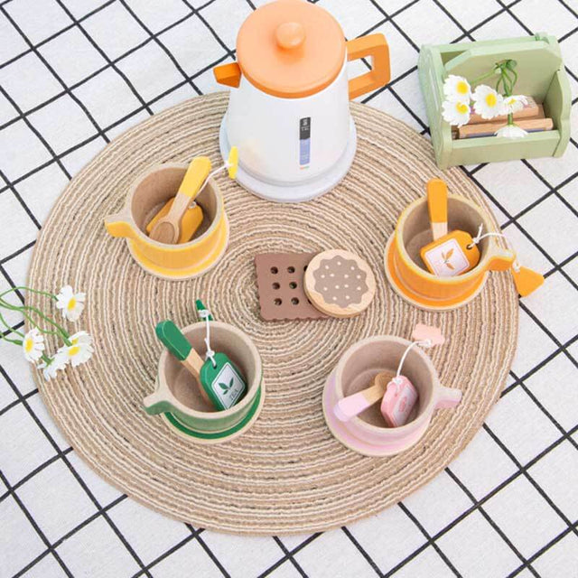 Wooden Tea Set for Kids, 4-Color Montessori Toddler Play Kitchen Accessories, Pretend Play Coffee & Tea Party Set, Role Playing Educational Toy, Smooth Natural Wood Gift for Girls & Boys Ages 3+ | Shinymarch