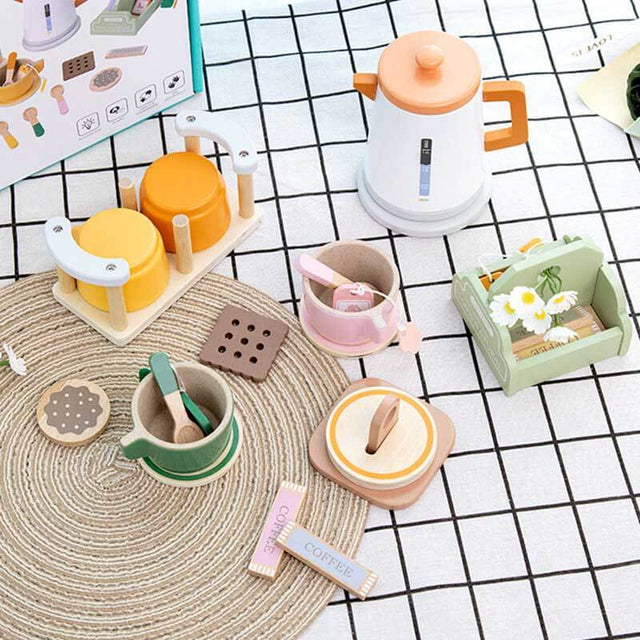 Wooden Tea Set for Kids, 4-Color Montessori Toddler Play Kitchen Accessories, Pretend Play Coffee & Tea Party Set, Role Playing Educational Toy, Smooth Natural Wood Gift for Girls & Boys Ages 3+ | Shinymarch
