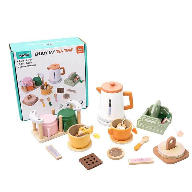 Wooden Tea Set for Kids, 4-Color Montessori Toddler Play Kitchen Accessories, Pretend Play Coffee & Tea Party Set, Role Playing Educational Toy, Smooth Natural Wood Gift for Girls & Boys Ages 3+ | Shinymarch