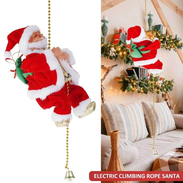 Climbing Santa Claus 9" Christmas Ornament Xmas Decoration Climbs Up and Down Battery Operated Toy with Light Music and Sound Animated Climbing on Beads Musical Moving Figure Xmas Christmas Ornament | Shinymarch