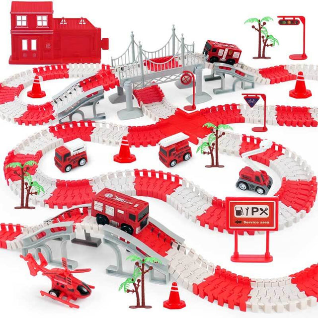 Race Track Playset for Kids - Flexible DIY Car Track Toy, Educational Birthday Gift for Boys Ages 3 4 5 6 7, 330+ PCS Building Kit with Fire Trucks | Shinymarch