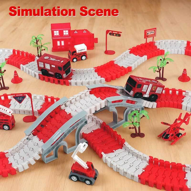 Race Track Playset for Kids - Flexible DIY Car Track Toy, Educational Birthday Gift for Boys Ages 3 4 5 6 7, 330+ PCS Building Kit with Fire Trucks | Shinymarch