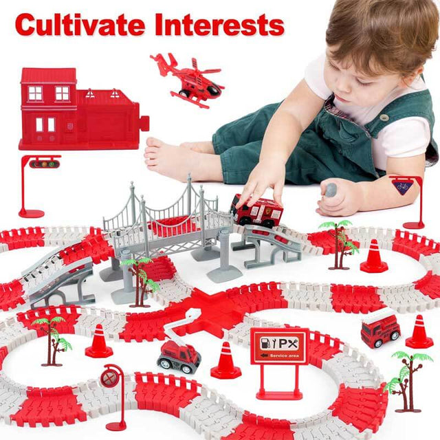 Race Track Playset for Kids - Flexible DIY Car Track Toy, Educational Birthday Gift for Boys Ages 3 4 5 6 7, 330+ PCS Building Kit with Fire Trucks | Shinymarch