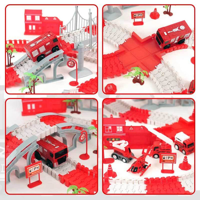 Race Track Playset for Kids - Flexible DIY Car Track Toy, Educational Birthday Gift for Boys Ages 3 4 5 6 7, 330+ PCS Building Kit with Fire Trucks | Shinymarch