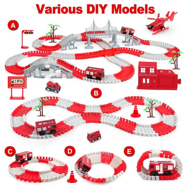 Race Track Playset for Kids - Flexible DIY Car Track Toy, Educational Birthday Gift for Boys Ages 3 4 5 6 7, 330+ PCS Building Kit with Fire Trucks | Shinymarch