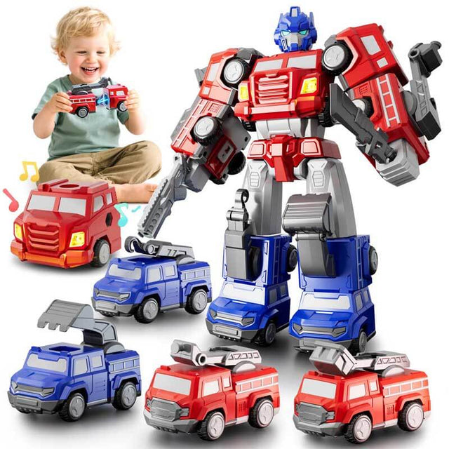 Magnetic 5-in-1 Transforming Fire Robot Toy, Fire Truck & Rescue Vehicles Building Set for Boys, Easy DIY Assembly STEM Toy, for Kids Ages 3–6 | Shinymarch