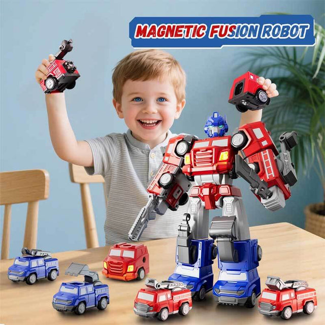 Magnetic 5-in-1 Transforming Fire Robot Toy, Fire Truck & Rescue Vehicles Building Set for Boys, Easy DIY Assembly STEM Toy, for Kids Ages 3–6 | Shinymarch