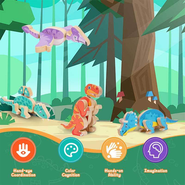 Dinosaur Snap Together Building Toys,STEM Wooden Build Blocks Kits,Take Apart Dinosaur Playset, Fine Motor Skill Montessori Educational Learning Toys Gift for 3 4 5 6 Years Kids | Shinymarch