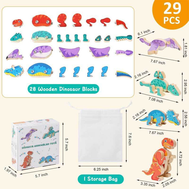 Dinosaur Snap Together Building Toys,STEM Wooden Build Blocks Kits,Take Apart Dinosaur Playset, Fine Motor Skill Montessori Educational Learning Toys Gift for 3 4 5 6 Years Kids | Shinymarch