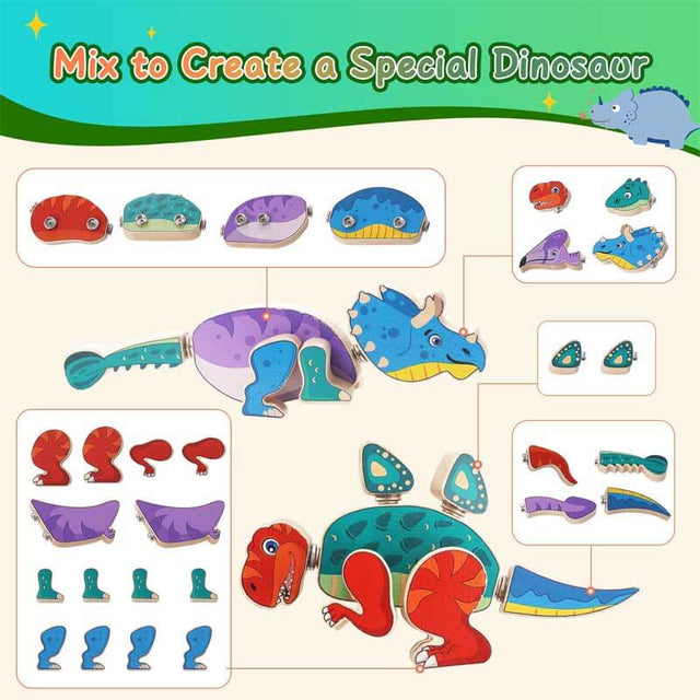 Dinosaur Snap Together Building Toys,STEM Wooden Build Blocks Kits,Take Apart Dinosaur Playset, Fine Motor Skill Montessori Educational Learning Toys Gift for 3 4 5 6 Years Kids | Shinymarch