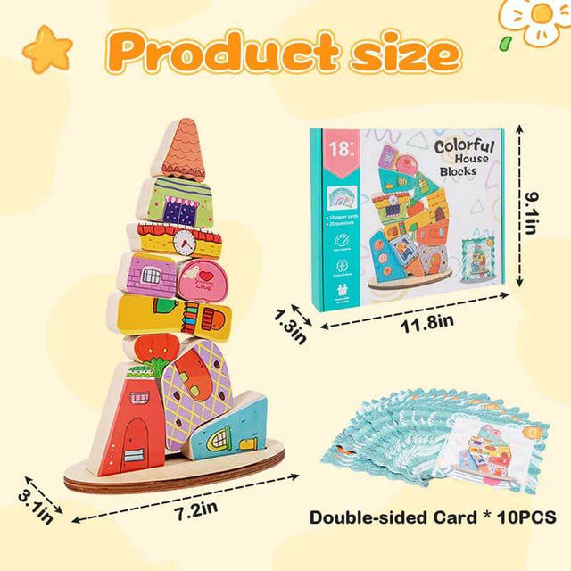 Montessori Wooden Stacking Toy,Colorful Houses Building Blocks Game 14 Pcs Montessori Balance Sorting & Stacking Toy for Kids 2 3 4 5 6 7 Year Old Boys Girls Gift,Preschool Educational Learning | Shinymarch