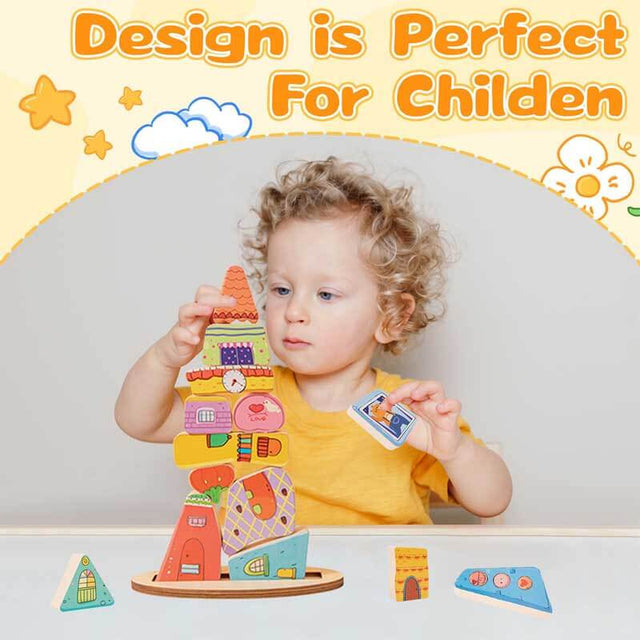 Montessori Wooden Stacking Toy,Colorful Houses Building Blocks Game 14 Pcs Montessori Balance Sorting & Stacking Toy for Kids 2 3 4 5 6 7 Year Old Boys Girls Gift,Preschool Educational Learning | Shinymarch