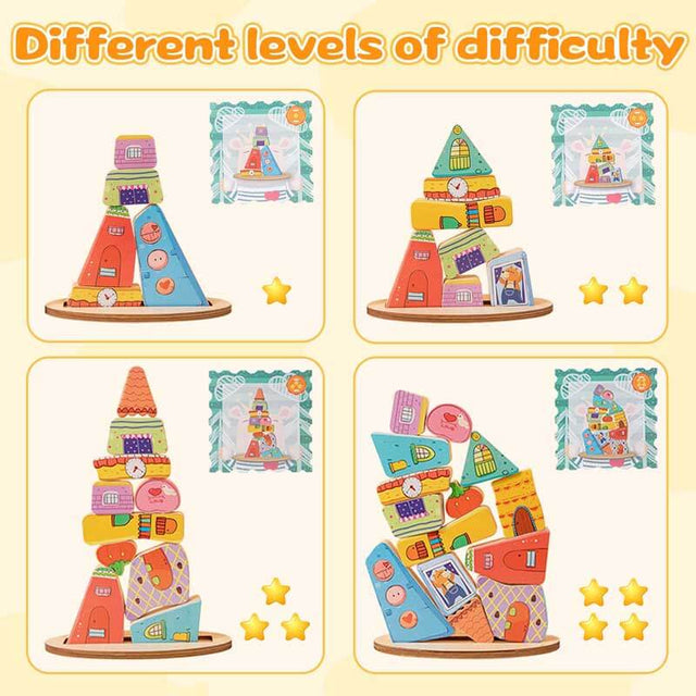 Montessori Wooden Stacking Toy,Colorful Houses Building Blocks Game 14 Pcs Montessori Balance Sorting & Stacking Toy for Kids 2 3 4 5 6 7 Year Old Boys Girls Gift,Preschool Educational Learning | Shinymarch