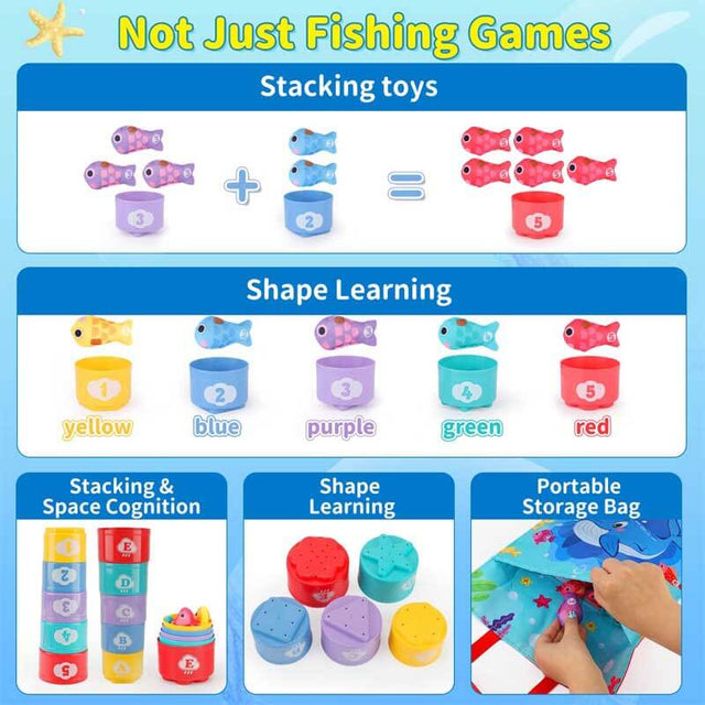Montessori Cloth Fishing Game Toy for 1-3 Year Old, Stacking Cups with Numbers Counting, Color Sorting & Shape Learning, Toddler Educational Toys for Babies 6-18M+, Birthday Easter Gift for Boys Girls | Shinymarch