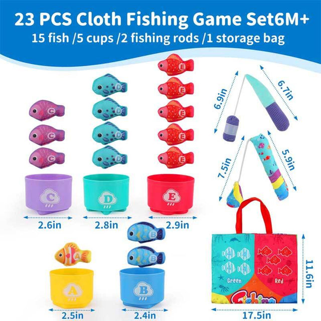Montessori Cloth Fishing Game Toy for 1-3 Year Old, Stacking Cups with Numbers Counting, Color Sorting & Shape Learning, Toddler Educational Toys for Babies 6-18M+, Birthday Easter Gift for Boys Girls | Shinymarch
