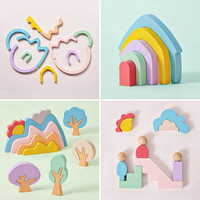 Wooden Rainbow Stacking Toys for Toddlers, 46 Pcs Stacking Building Blocks with Little People/Tree/House/Mountain, Montessori Toys Birthday Gifts for Preschool Kids 3 4 5 Years Old | Shinymarch