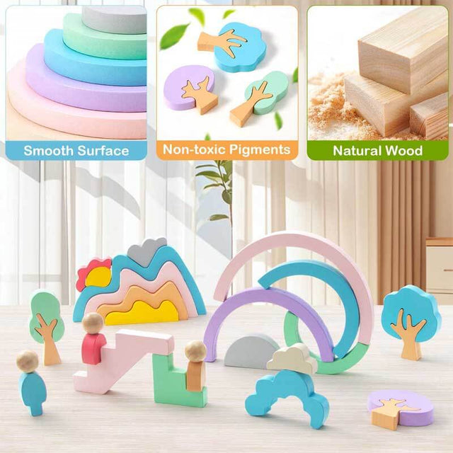 Wooden Rainbow Stacking Toys for Toddlers, 46 Pcs Stacking Building Blocks with Little People/Tree/House/Mountain, Montessori Toys Birthday Gifts for Preschool Kids 3 4 5 Years Old | Shinymarch