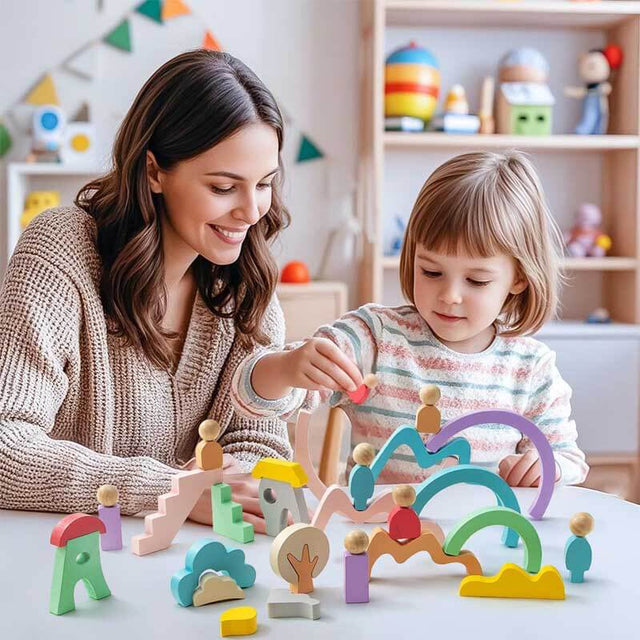 Wooden Rainbow Stacking Toys for Toddlers, 46 Pcs Stacking Building Blocks with Little People/Tree/House/Mountain, Montessori Toys Birthday Gifts for Preschool Kids 3 4 5 Years Old | Shinymarch